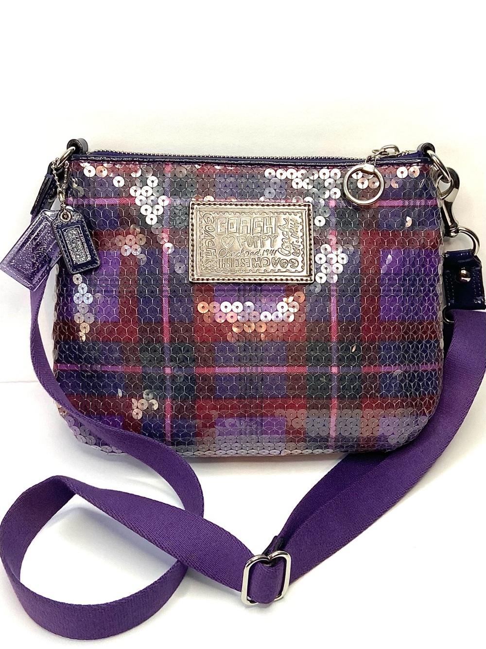 COACH POPPY Y2K EUC small  Purple Sequin Crossbody Plaid Accent bag - Picture 3 of 15